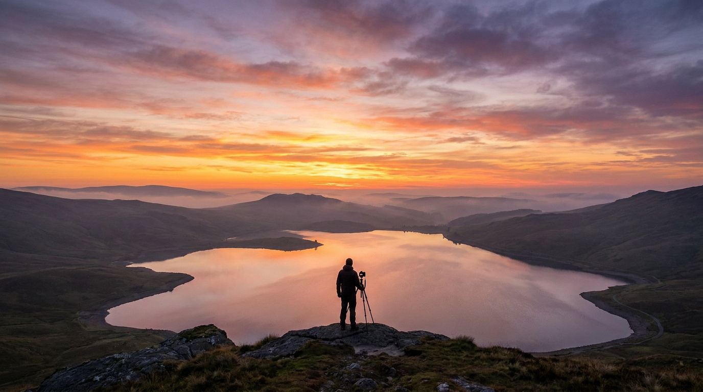 Un photographe avec un trépied sur une falaise contemplant un coucher de soleil doré au-dessus d'un lac entouré de collines.
