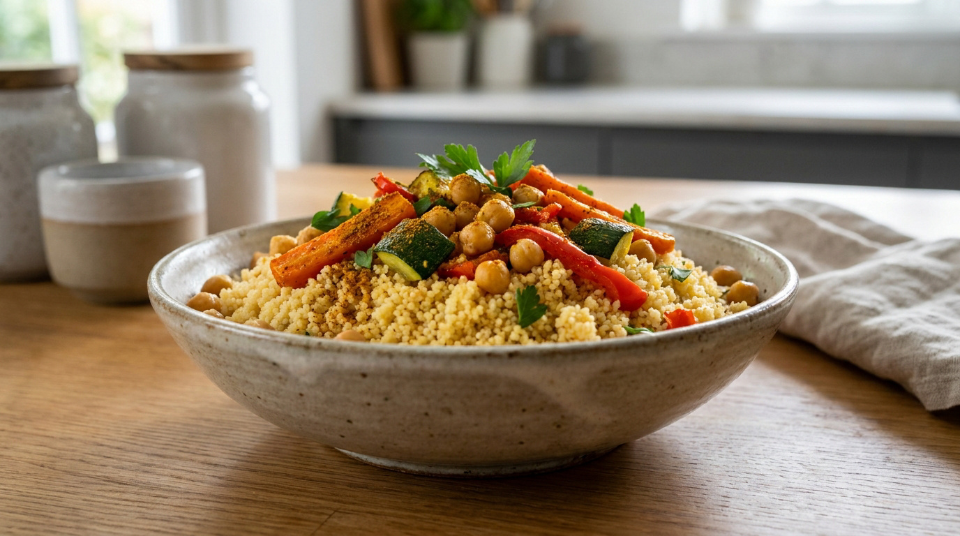 Un bol en céramique rempli de couscous avec des légumes grillés, des pois chiches et des herbes fraîches sur une table.