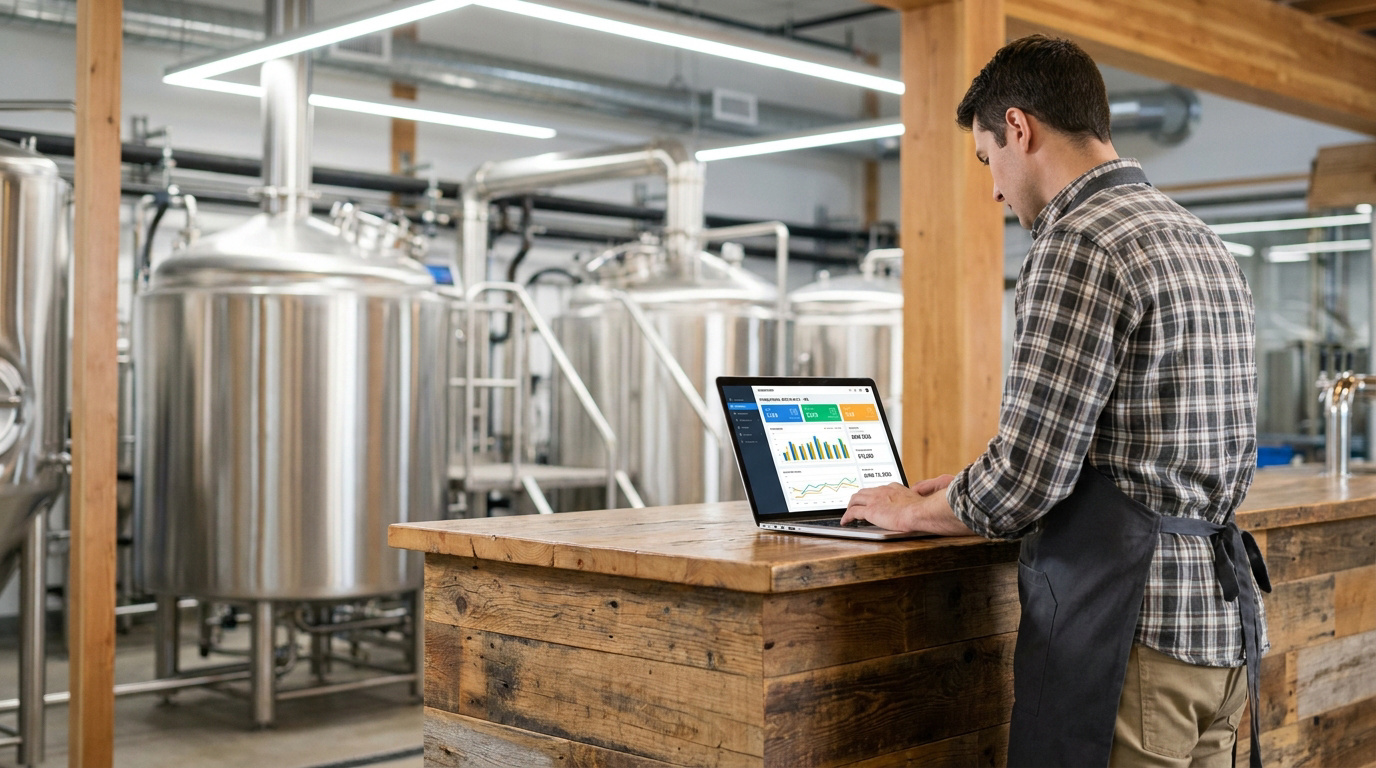 Un brasseur utilise un ordinateur portable avec un tableau de bord analytique devant des cuves de fermentation.