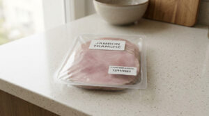 Un paquet de jambon tranché sous vide posé sur un comptoir de cuisine, avec une date limite de consommation affichée.