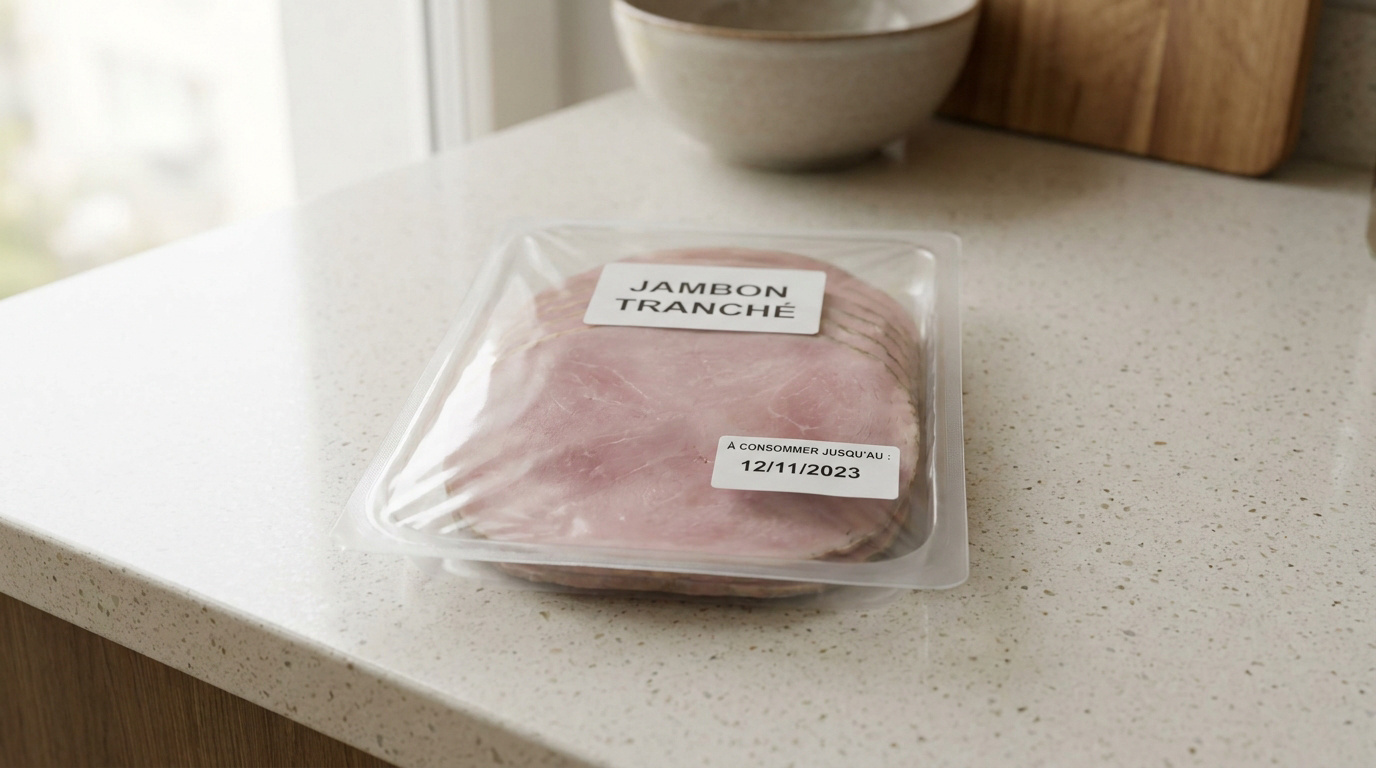 Un paquet de jambon tranché sous vide posé sur un comptoir de cuisine, avec une date limite de consommation affichée.