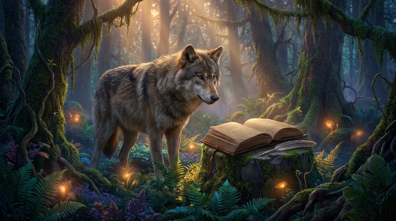 Un loup gris se tient devant un livre ouvert posé sur une souche dans une forêt mystique et lumineuse.