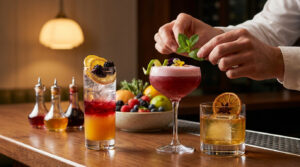 Un barman décore un mocktail rose avec une branche de menthe fraîche sur un comptoir garni de verres et de fruits.