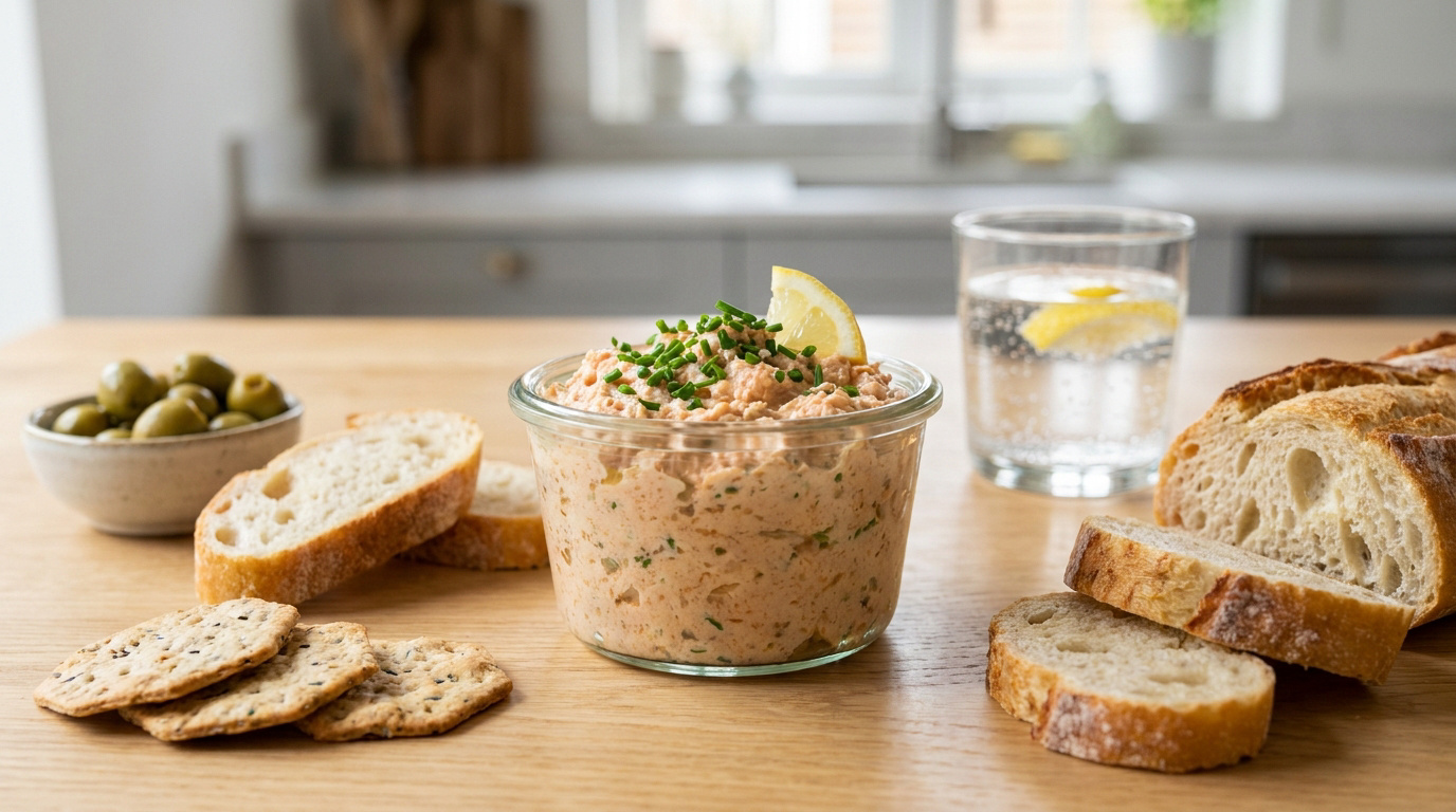 Un bocal de rillettes de maquereau garni de ciboulette et citron, accompagné de pain et de crackers sur une table.