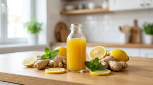Bouteille de jus de gingembre et citron sur une table en bois avec des racines de gingembre et de la menthe fraîche.