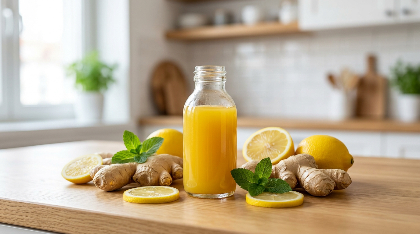 Bouteille de jus de gingembre et citron sur une table en bois avec des racines de gingembre et de la menthe fraîche.