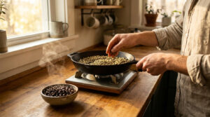 Une personne torréfie des grains de café verts dans une poêle en fonte sur une cuisinière dans une cuisine ensoleillée.