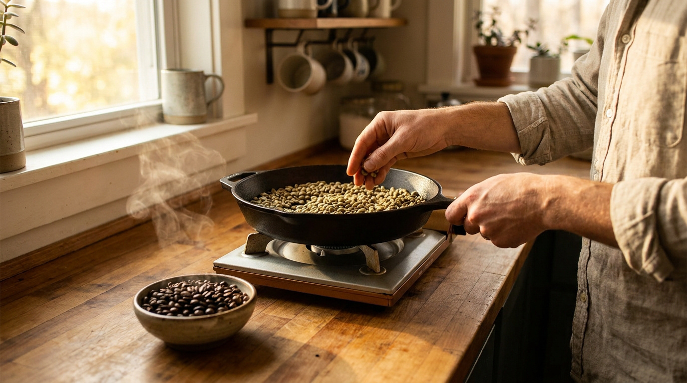 Une personne torréfie des grains de café verts dans une poêle en fonte sur une cuisinière dans une cuisine ensoleillée.