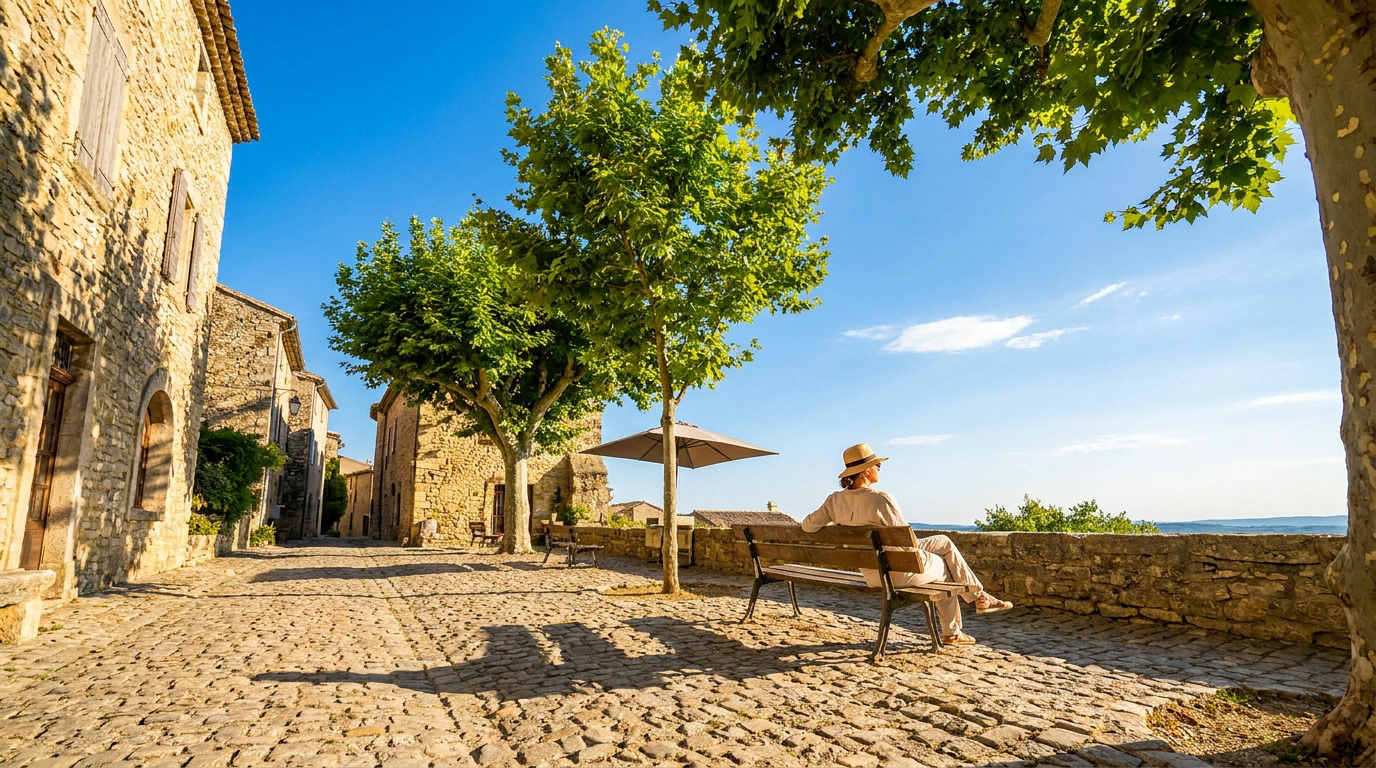 Une femme avec un chapeau assise sur un banc en pierre dans un village pittoresque sous un soleil éclatant.